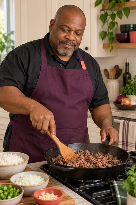 Caleb Foster browning ground beef in a cast-iron skillet