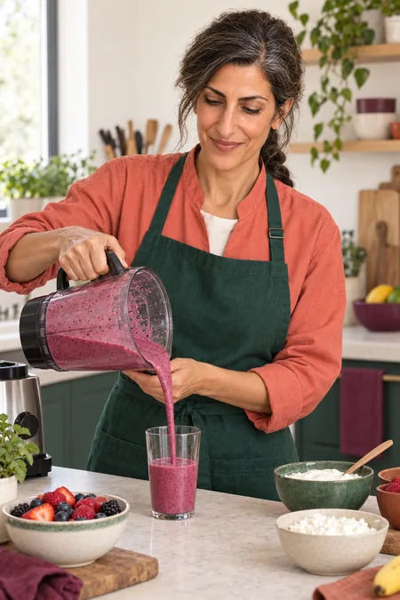 Ella Brooks pouring a berry smoothie into a glass