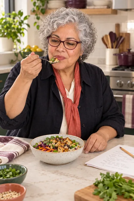 Madeline Scott tasting a protein rice bowl during an editorial review